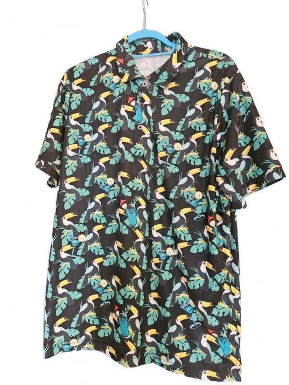 Boardwalk Toucan Tropical Cocktail Print Polo Shirt Mens Large Resort Beach ms69
